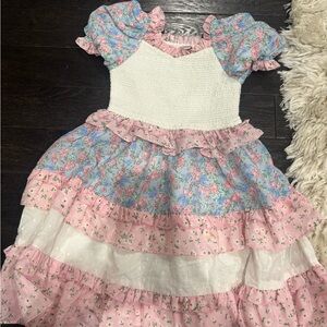 Smocked Bodice Floral Ruffle Kids Dress - Pink & Blue